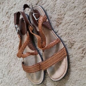 BOC brown and cognac faux leather strappy sandals, adjustable heel strap, size 7